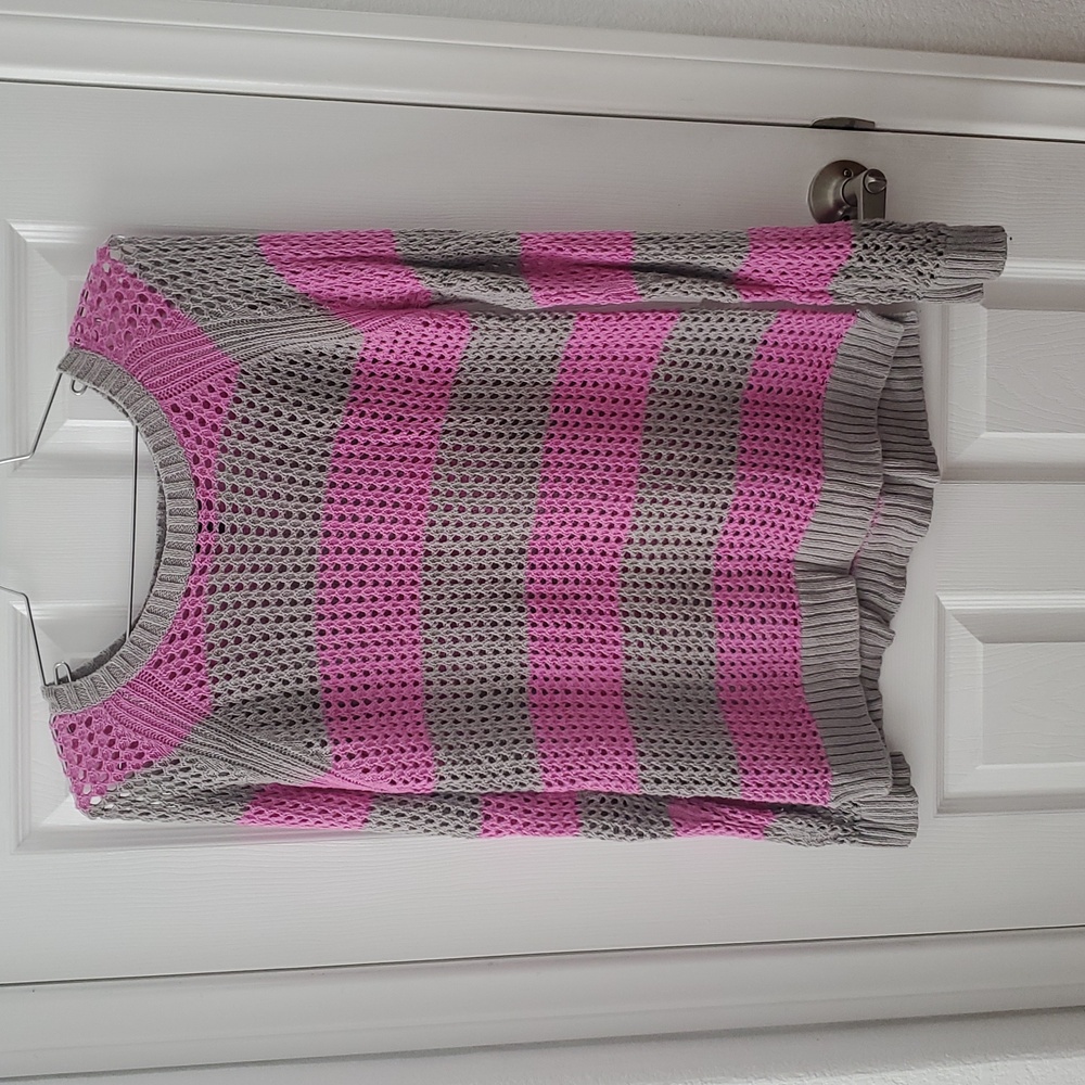 A.N.A. Pink and Gray Striped Crew Neck Sweater